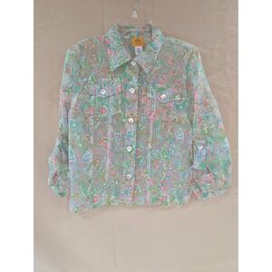 Ruby Rd. Petite Button-Up Shirt Top Pastel Floral Print‎ Roll-Tab Sleeves